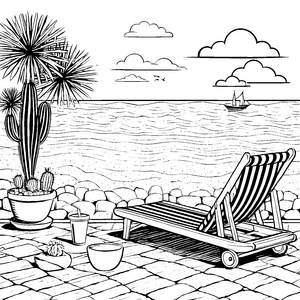 Strandliege mit prickelndem Getränk und Palmen Ausmalmotiv für entspannte Sonnenanbeter