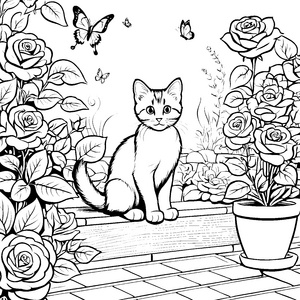 Schlummernde Katze zwischen bezaubernden Rosen Ausmalvorlage für neugierige Blumenkinder