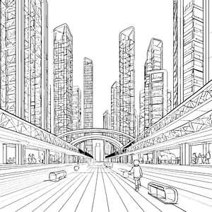 Futuristische Stadt mit schimmernden Türmen Ausmalbild für neugierige Entdecker