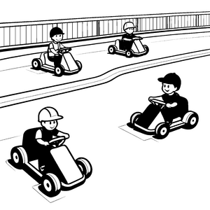 Rasante Kartfahrer auf kurvenreicher Bahn Malvorlage für kleine Rennbegeisterte