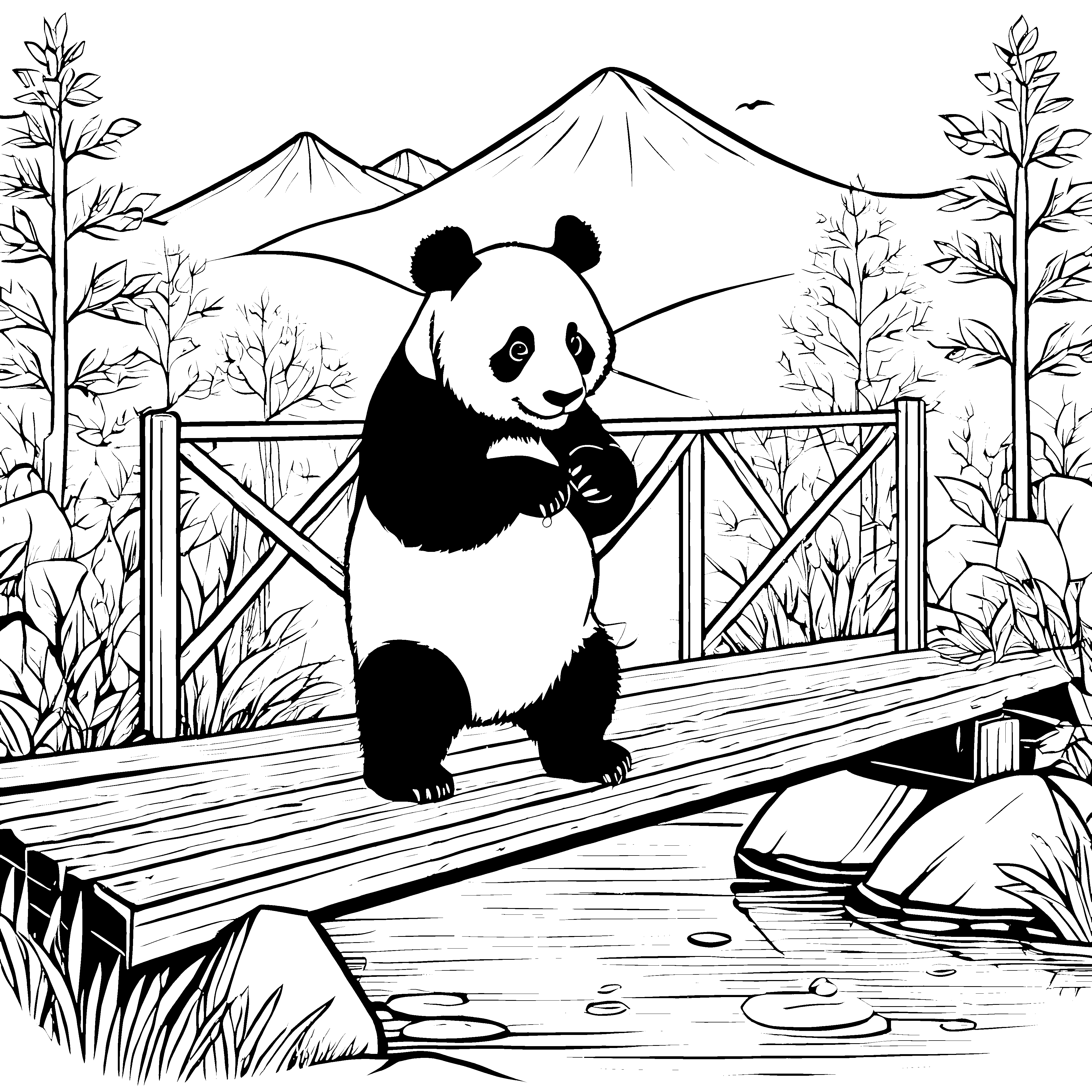 Niedlicher Panda auf rustikalem Steg Ausmalbild für neugierige Naturfreunde