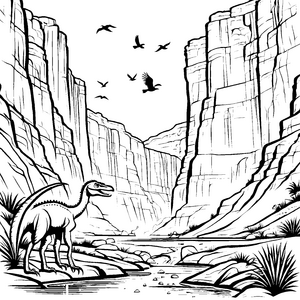 Schneller Velociraptor in beeindruckender Schlucht Ausmalvorlage für abenteuerliche Entdecker