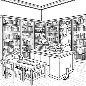 Faszination für Bücher in der lebhaften Bibliothek Ausmalvorlage für wissbegierige junge Leser