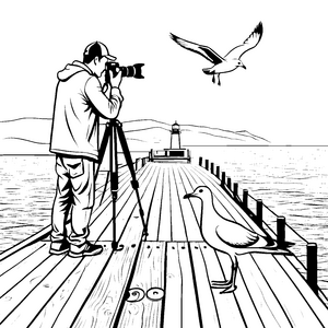 Bezaubernder Fotograf auf der Holzbrücke Malvorlage für kleine Naturfreunde