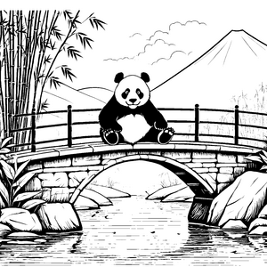 Gemütlicher Pandabär auf malerischer Brücke Ausmalbild für neugierige Entdecker