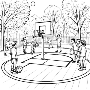 Dynamische Basketball-Spieler im Schulhof Ausmalbild für sportbegeisterte Kids