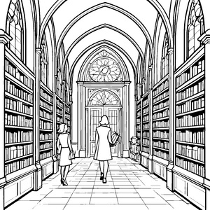 Faszinierende Bibliothek mit neugierigen Lesern Ausmalbild für wissbegierige Entdecker
