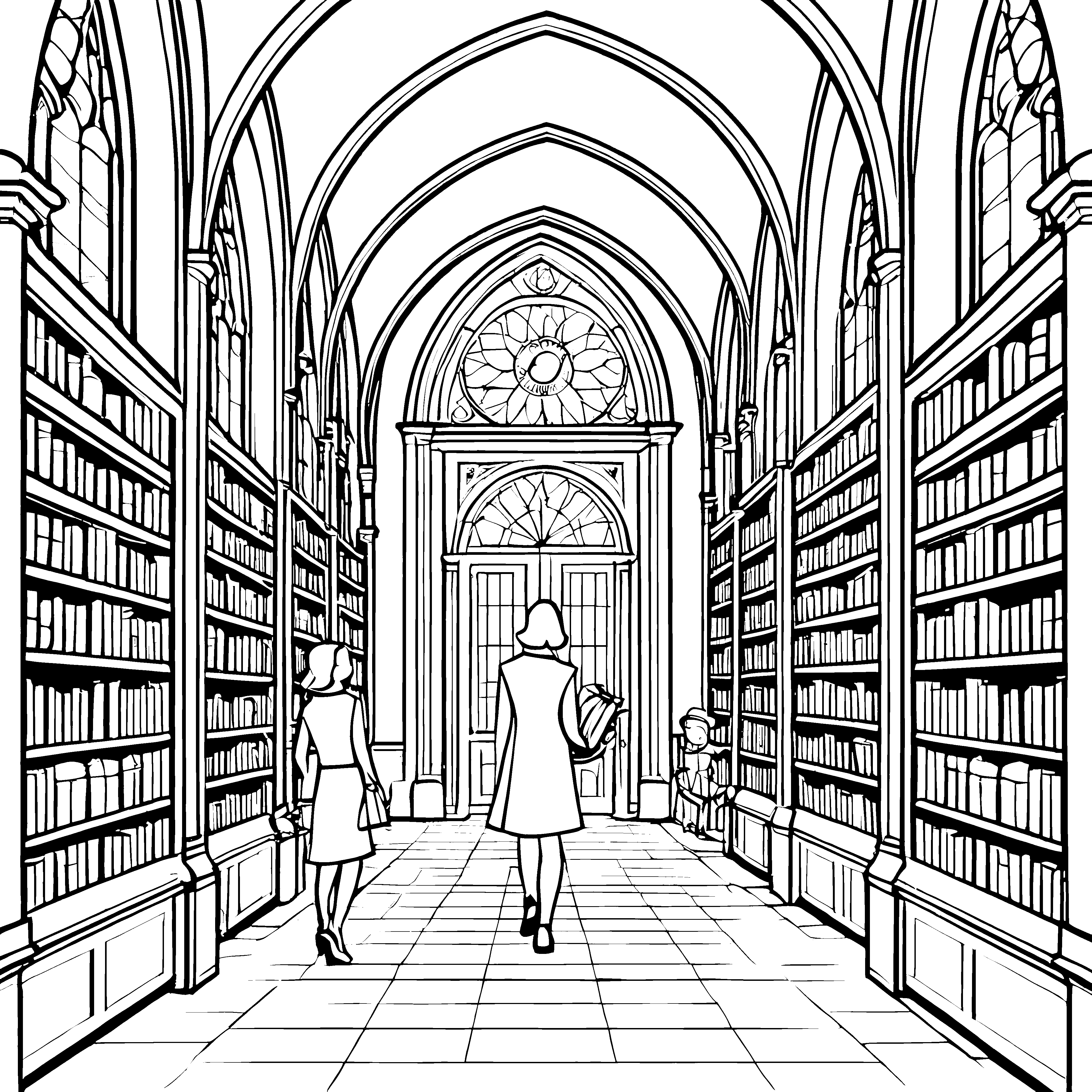 Faszinierende Bibliothek mit neugierigen Lesern Ausmalbild für wissbegierige Entdecker