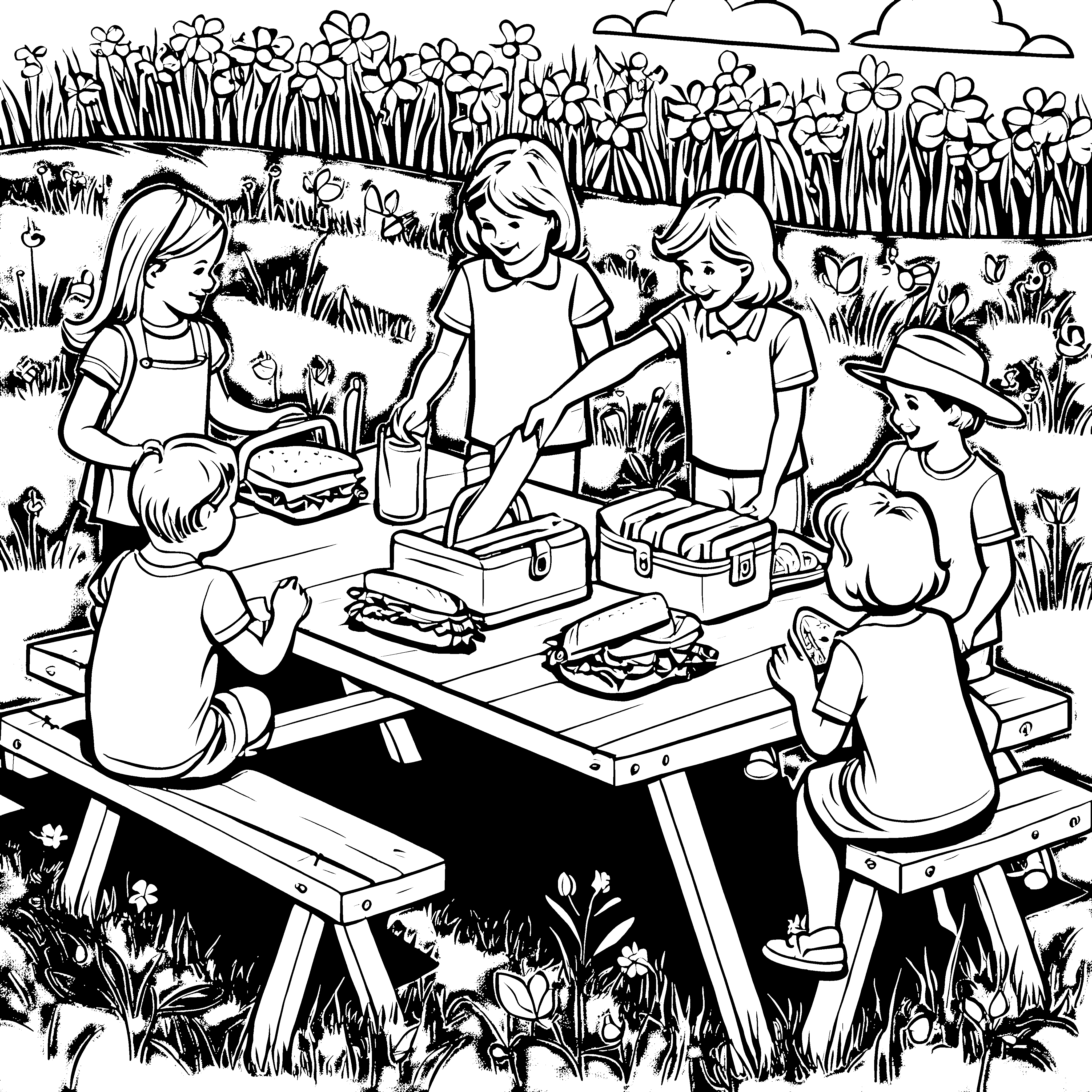 Lebhafte Sandwiches beim Picknick im Blumenfeld Ausmalvorlage für hungrige Entdecker