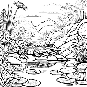 Kühles Krokodil am schimmernden Wasser Ausmalbild für neugierige Entdecker