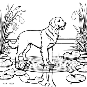 Schwimmender Golden Retriever im bunten Teich Ausmalbild für neugierige Wasserratten