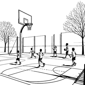 Dynamische Basketballspieler auf dem Spielfeld Malvorlage für sportbegeisterte Kids