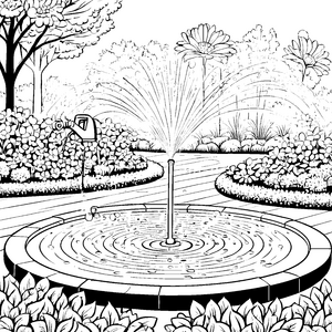 Spritzender Rasensprenger in blühendem Garten Ausmalvorlage für neugierige Naturentdecker
