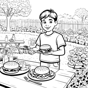 Leckere Burger mit frischem Gemüse Ausmalmotiv für kleine Feinschmecker