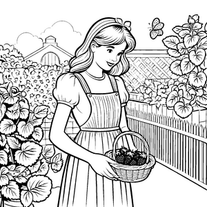 Fröhliches Mädchen mit frischen Erdbeeren Malvorlage für neugierige Gärtner