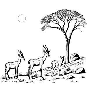 Elegante Gazellen unter einem baumreichen Himmel Ausmalvorlage für abenteuerliche Naturentdecker