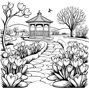 Zauberhafte Krokusse im blühenden Garten Ausmalbild für neugierige Naturfreunde