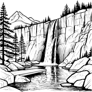 Majestätischer Wasserfall zwischen grünen Wäldern Ausmalvorlage für kleine Naturforscher