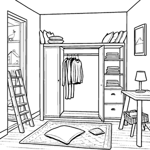 Gemütlicher Hängeschrank im freundlichen Zimmer Ausmalbild für kleine Entdecker