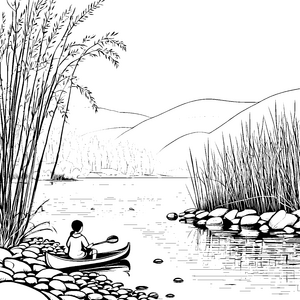 Ruhiger Paddler auf glattem Wasser Ausmalbild für abenteuerliche Naturentdecker