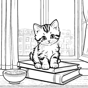Süßes Kätzchen auf bunten Büchern Ausmalmotiv für neugierige Entdecker