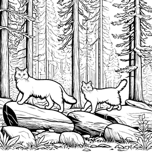 Zwei majestätische Norwegische Waldkatzen im grünen Wald Ausmalmotiv für abenteuerlustige Tierentdecker
