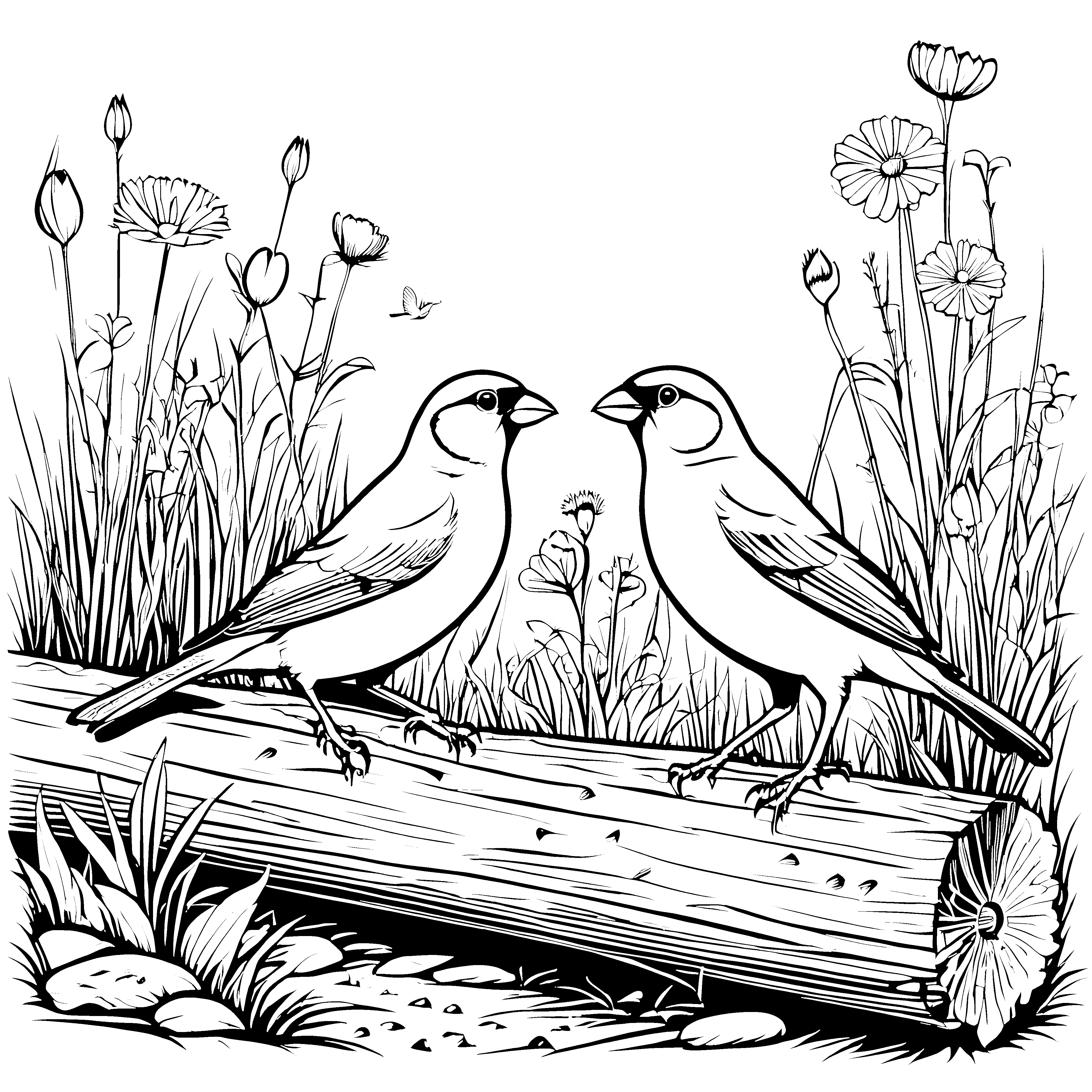 Zwei verliebte Vögel im bunten Blumenfeld Ausmalvorlage für romantische Naturfreunde