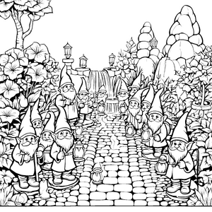 Zauberhafte Gartenzwerge beim nächtlichen Fest Ausmalbild für fantasievolle Entdecker