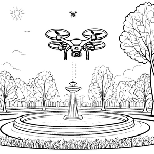 Futuristische Drohne über dem Springbrunnen Ausmalbild für abenteuerliche Entdecker