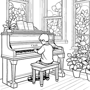 Fröhliches Klavier mit blühenden Fenstern Ausmalvorlage für musikalische Entdecker