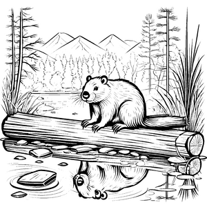 Bezaubernder Biber auf schwimmendem Holzstamm Ausmalvorlage für kleine Naturfreunde