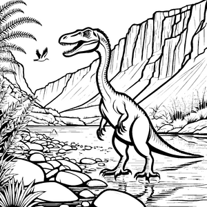 Dynamischer Velociraptor am glitzernden Flussufer Ausmalvorlage für neugierige Entdecker