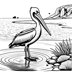 Kühner Pelikan am glitzernden Wasser Ausmalbild für abenteuerliche Naturliebhaber