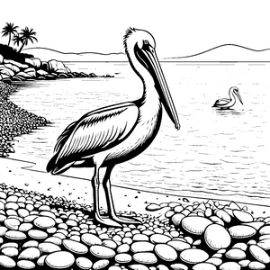 Majestätischer Pelikan am malerischen Strand Ausmalmotiv für abenteuerliche Tierfreunde