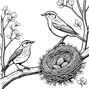 Vogelpaar beim Nestbau Ausmalmotiv für neugierige Naturfreunde
