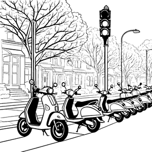 Lebendige Mopeds in der Stadtlandschaft Ausmalvorlage für flinke Entdecker