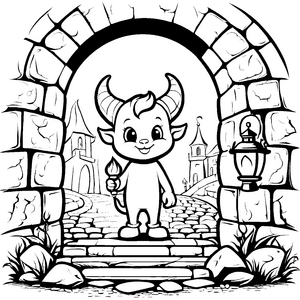Fröhlicher Teufel mit Pinsel auf der Steinmauer Ausmalbild für kleine Kreativköpfe