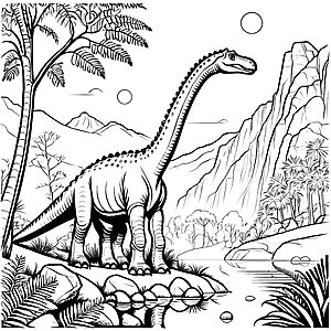 Majestätischer Brachiosaurus am Wasserfall Ausmalvorlage für kleine Urzeiträumer