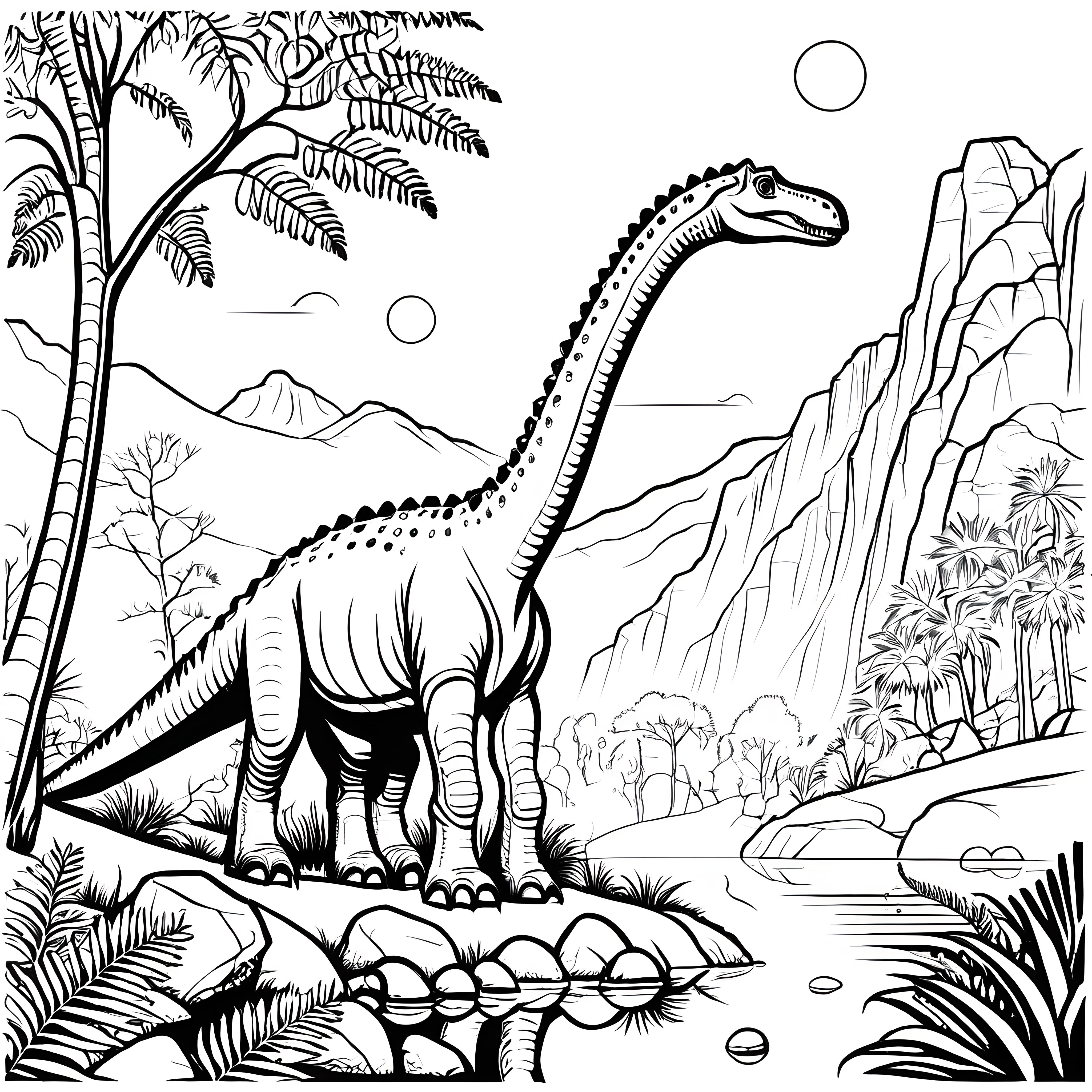 Majestätischer Brachiosaurus am Wasserfall Ausmalvorlage für kleine Urzeiträumer