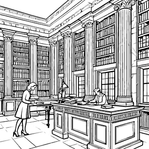 Inspirierende Bibliothekare bei der Arbeit Ausmalmotiv für kreative Entdecker