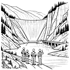 Majestätischer Staudamm vor beeindruckender Bergkulisse Ausmalbild für aufgeweckte Ingenieure