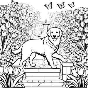 Fröhlicher Golden Retriever im blühenden Garten Ausmalmotiv für neugierige Naturfreunde