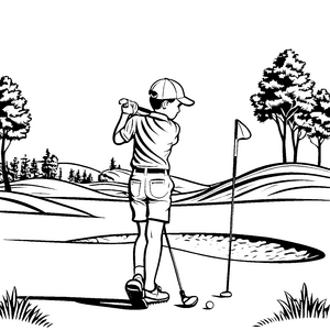 Schwungvoller Golfer am grünen Golfplatz Ausmalbild für junge Sportler
