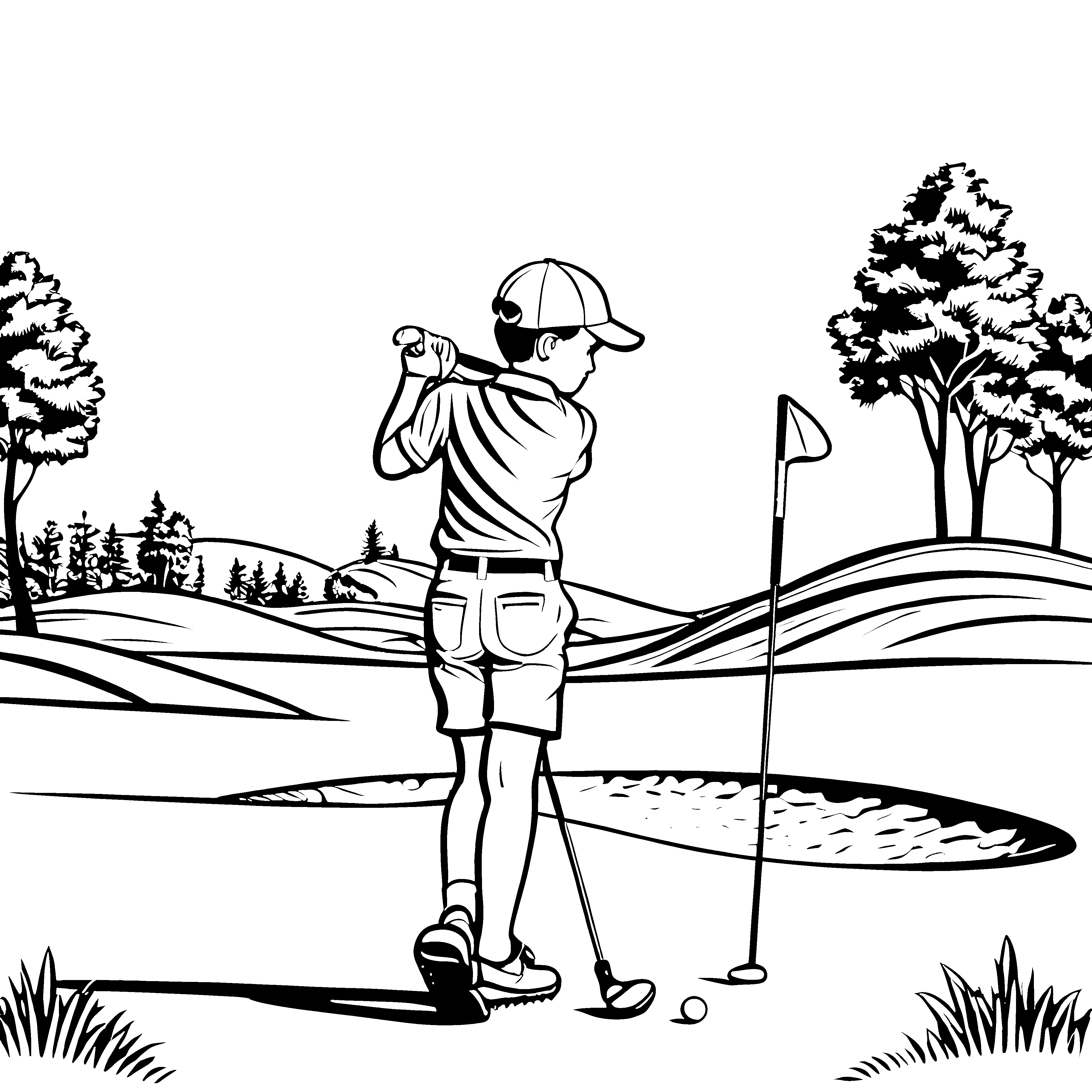 Schwungvoller Golfer am grünen Golfplatz Ausmalbild für junge Sportler