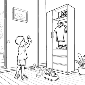 Bunter Schuhschrank im gemütlichen Kinderzimmer Ausmalmotiv für kleine Ordnungskünstler