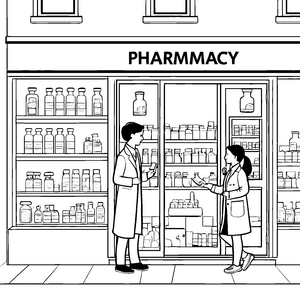 Begeisterte Apotheker im bunten Geschäft Ausmalvorlage für neugierige Entdecker