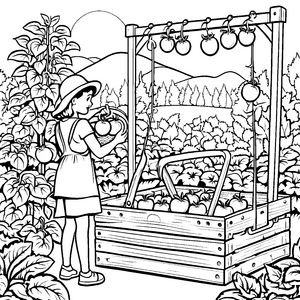 Fröhliche Tomatenernte im Garten Ausmalbild für kleine Naturforscher