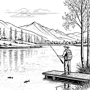 Fesselnder Angler am stillen See Ausmalvorlage für abenteuerlustige Naturfreunde