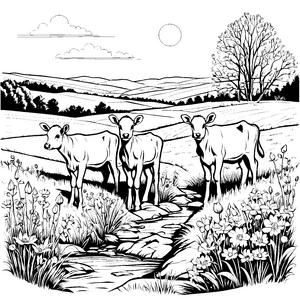 Wilde Stierbabys am plätschernden Bach Ausmalbild für neugierige Landschaftsfreunde