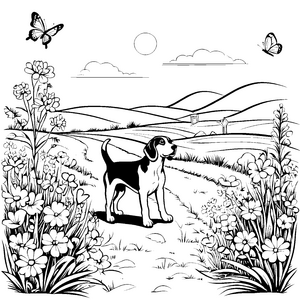 Beagle in fröhlicher Frühlingslandschaft Ausmalbild für tierliebe Entdecker